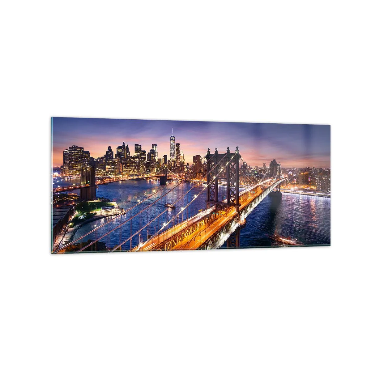 Cuadro sobre vidrio - Impresiones sobre Vidrio - El puente y el panorama de la ciudad al atardecer. - 120x50cm - Un puente luminoso hacia el corazón de la ciudad - Decoración de pared moderna para salón y dormitorio ARTTOR