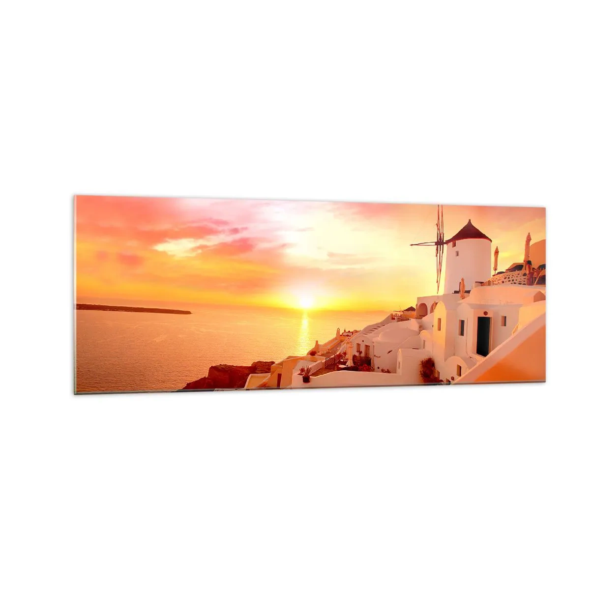 Cuadro sobre vidrio - Impresiones sobre Vidrio - Santorini al atardecer con un molino de viento - 140x50cm - Blanco y dorado - Decoración de pared moderna para salón y dormitorio ARTTOR