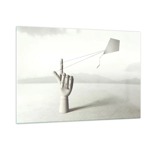 Cuadro sobre vidrio - Impresiones sobre Vidrio - Una mano de madera que sostiene una cometa flotante en su dedo. - 120x80cm - Una prueba de fuerza - Decoración de pared moderna para salón y dormitorio ARTTOR