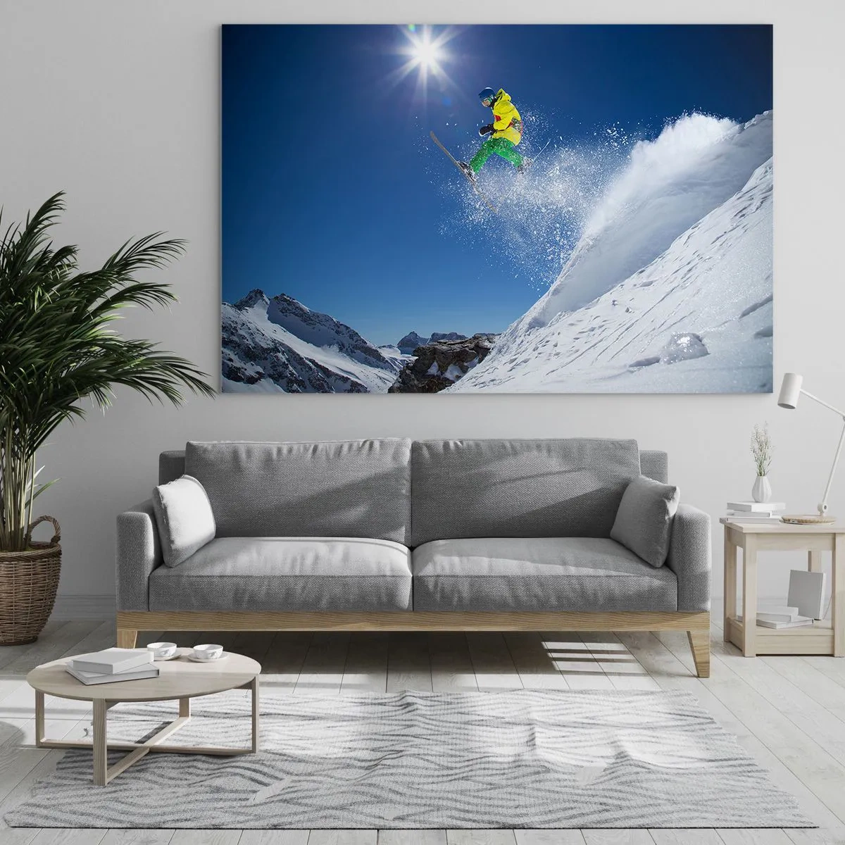 Cuadro sobre vidrio - Impresiones sobre Vidrio - Un esquiador en acción con el telón de fondo de montañas cubiertas de nieve. - 100x70cm - Bailando con las montañas - Decoración de pared moderna para salón y dormitorio ARTTOR
