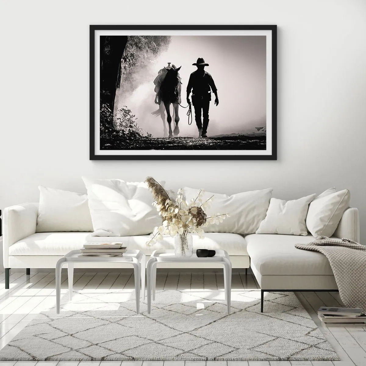 Póster en marco negro - Vaquero con caballo en la niebla de la mañana - 70x50cm - La mañana de Texas - Decoración de pared moderna para salón y dormitorio ARTTOR