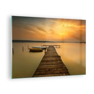 Cuadro sobre vidrio - Impresiones sobre Vidrio - Muelle en el lago al atardecer con un barco - 70x50cm - Abriré el cielo dorado para ti - Decoración de pared moderna para salón y dormitorio ARTTOR