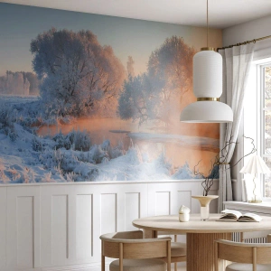 Fotomural Premium Sand - Paisaje invernal con árboles cubiertos de nieve y un río congelado. - 100x70cm - Brillo cristalino - Decoración de pared moderna para salón y dormitorio ARTTOR