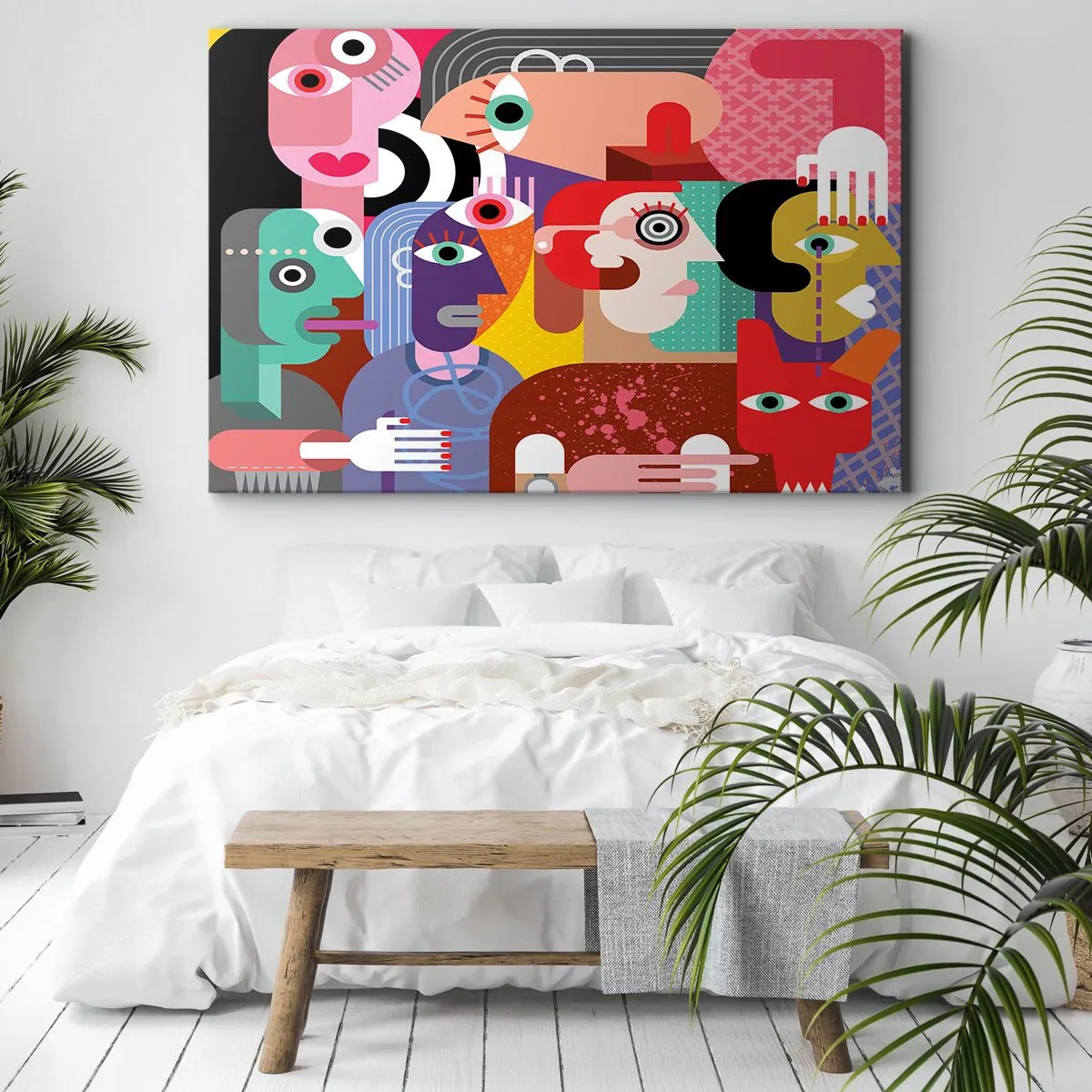 Cuadro sobre lienzo - Impresión de Imagen - Abstracción colorida con caras geométricas. - 70x50cm - Estilo Picasso - Decoración de pared moderna para salón y dormitorio ARTTOR