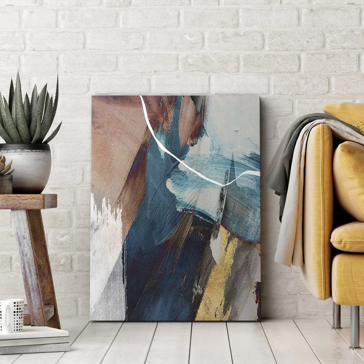 Cuadro sobre lienzo - Impresión de Imagen - Pinceladas abstractas en tonos azules y dorados. - 70x100cm - Con estilo y energía - Decoración de pared moderna para salón y dormitorio ARTTOR