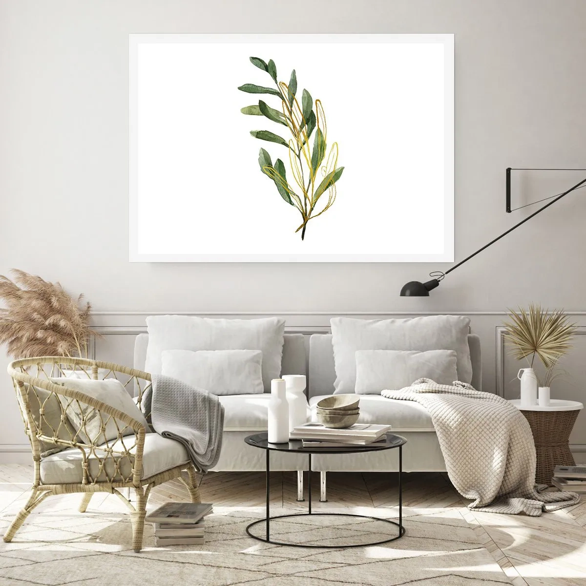 Póster - Rama verde con hojas sobre fondo blanco. - 100x70cm - La vida se abre camino - Decoración de pared moderna para salón y dormitorio ARTTOR