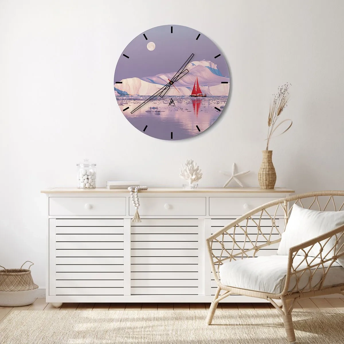 Reloj de pared - Reloj de vidrio - Un velero con icebergs al fondo a la luz de la luna. - 30x30cm - El calor de la vela, el frío del hielo - Decoración de pared moderna para salón, cocina y dormitorio ARTTOR