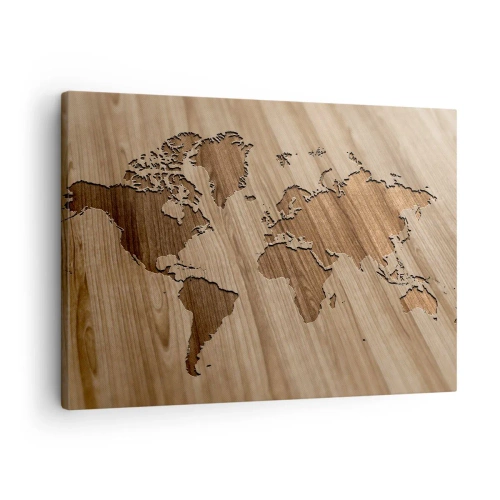 Cuadro sobre lienzo - Impresión de Imagen - Un mapa del mundo recortado sobre una superficie de madera. - 70x50cm - El mundo servido en la mesa - Decoración de pared moderna para salón y dormitorio ARTTOR