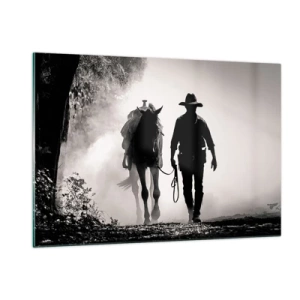 Cuadro sobre vidrio - Impresiones sobre Vidrio - Silueta de un vaquero guiando a un caballo a través de un paisaje brumoso - 120x80cm - La mañana de Texas - Decoración de pared moderna para salón y dormitorio ARTTOR
