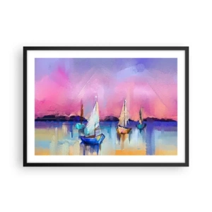 Póster en marco negro - Veleros en un mar tranquilo en los colores pastel del atardecer. - 70x50cm - Dirección alta mar - Decoración de pared moderna para salón y dormitorio ARTTOR