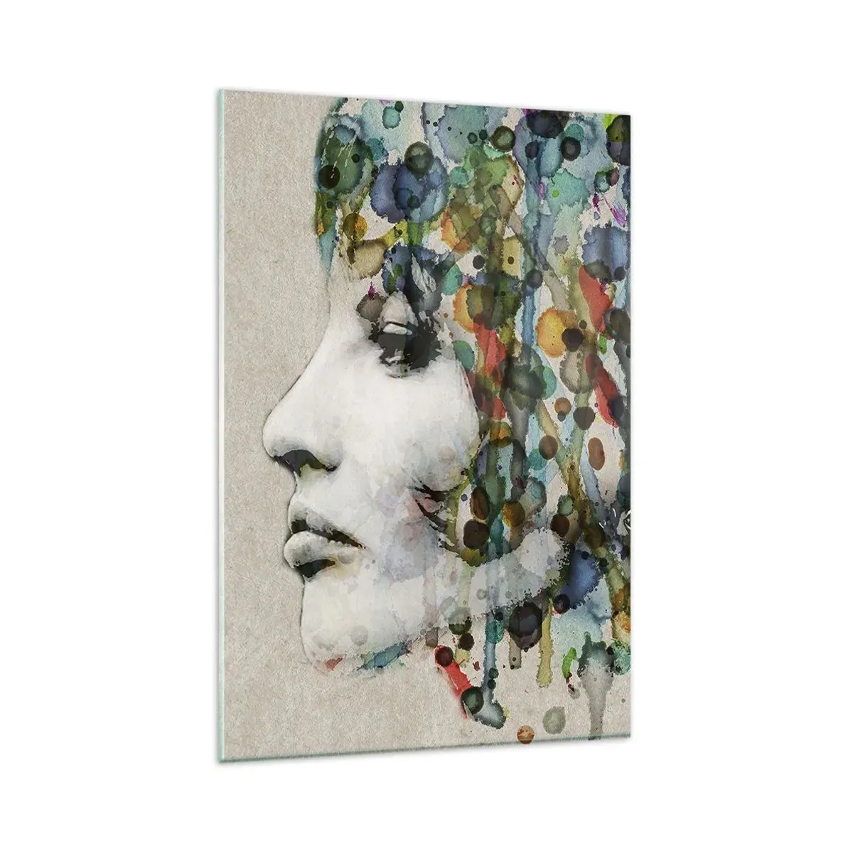 Cuadro sobre vidrio - Impresiones sobre Vidrio - Perfil de una mujer en colores de acuarela con un fondo abstracto - 80x120cm - Salió del gris - Decoración de pared moderna para salón y dormitorio ARTTOR