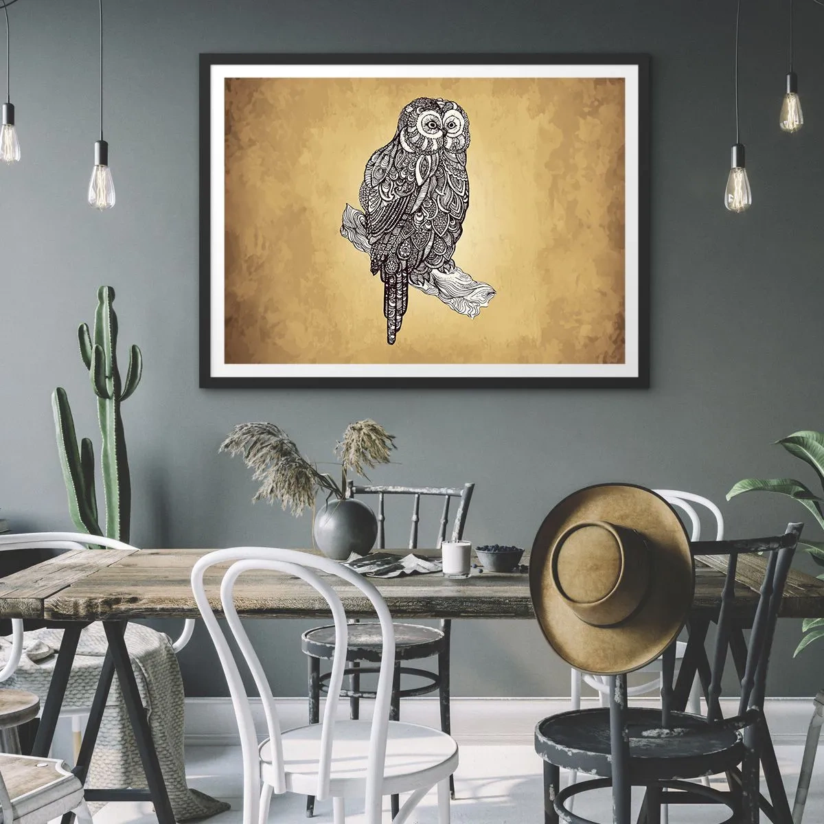 Póster en marco negro - Un búho en estilo ornamental sobre un fondo beige. - 70x50cm - Intrincados ornamentos de sabiduría - Decoración de pared moderna para salón y dormitorio ARTTOR