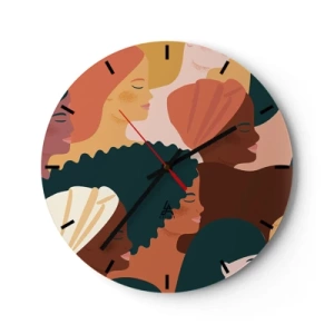 Reloj de pared - Reloj de vidrio - Ilustración colorida de siluetas femeninas en estilo boho - 30x30cm - La feminidad - Decoración de pared moderna para salón, cocina y dormitorio ARTTOR
