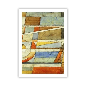Póster - Patrones geométricos en tonos naranja y azul. - 50x70cm - Cubismo en una obra - Decoración de pared moderna para salón y dormitorio ARTTOR