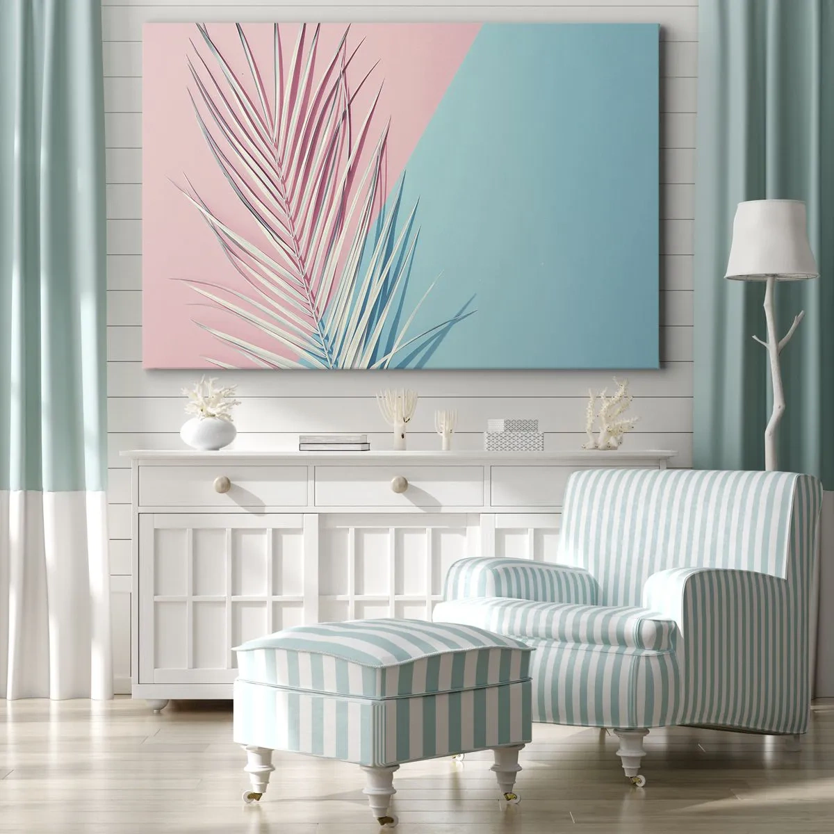 Cuadro sobre lienzo - Impresión de Imagen - Hoja tropical sobre un fondo de tonos pastel de rosa y azul. - 70x50cm - Impresión tropical - Decoración de pared moderna para salón y dormitorio ARTTOR