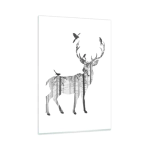 Cuadro sobre vidrio - Impresiones sobre Vidrio - Silueta de un ciervo con bosque y pájaros. - 80x120cm - El buen espíritu del bosque - Decoración de pared moderna para salón y dormitorio ARTTOR