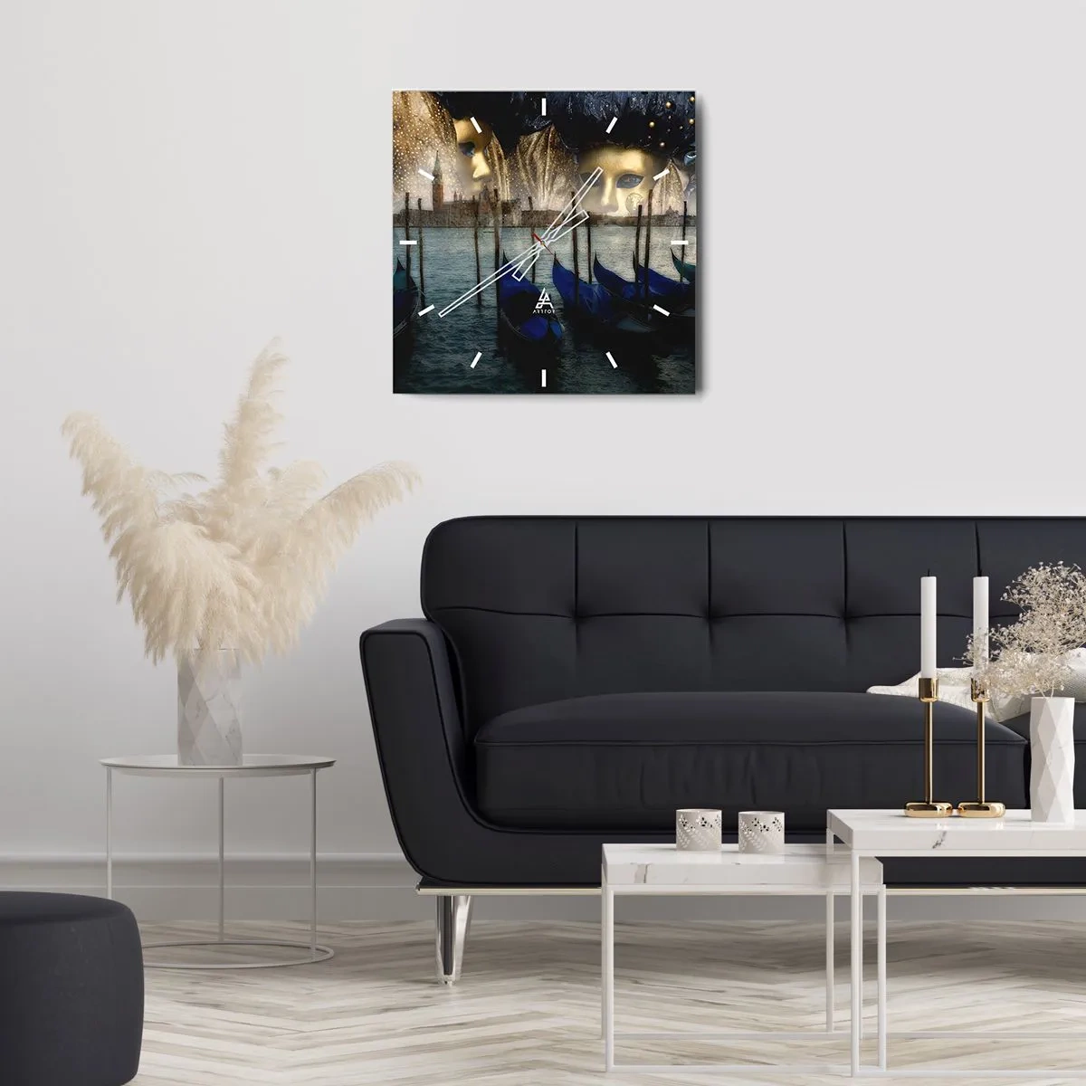 Reloj de pared - Reloj de vidrio - Máscaras de carnaval veneciano y góndolas con la ciudad y el agua como telón de fondo. - 30x30cm - El tiempo de carnaval ha comenzado - Decoración de pared moderna para salón y dormitorio ARTTOR