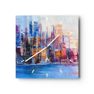 Reloj de pared - Reloj de vidrio - Un panorama colorido de la ciudad con reflejos en el agua. - 30x30cm - Una metrópoli alegre - Decoración de pared moderna para salón y dormitorio ARTTOR