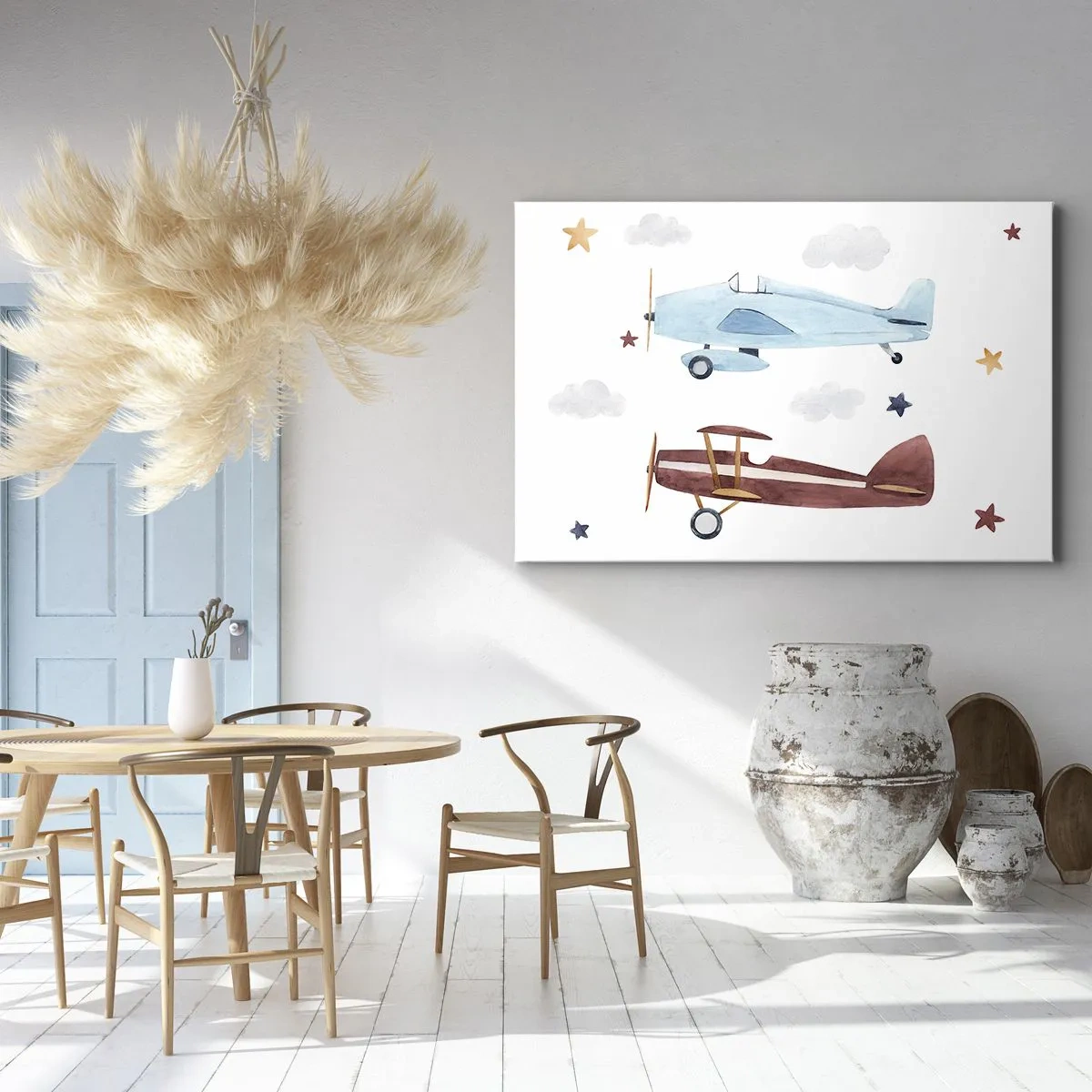Cuadro sobre lienzo - Impresión de Imagen - Aviones pintados a mano sobre un fondo de nubes y estrellas. - 70x50cm - ¡Piloto, estamos esperando! - Decoración de pared moderna para salón y dormitorio ARTTOR