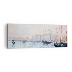 Cuadro sobre lienzo - Impresión de Imagen - Vista pintoresca de los canales con barcos de colores pastel. - 140x50cm - Más allá del agua, más allá de la niebla - Decoración de pared moderna para salón y dormitorio ARTTOR
