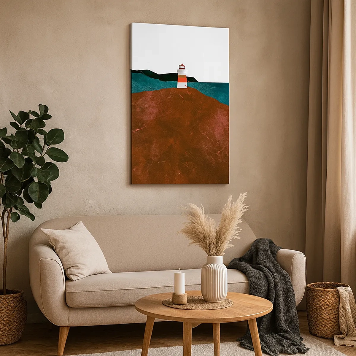 Cuadro sobre lienzo - Impresión de Imagen - Un faro con las montañas y el mar como telón de fondo - 50x70cm - Mirando al mar - Decoración de pared moderna para salón y dormitorio ARTTOR