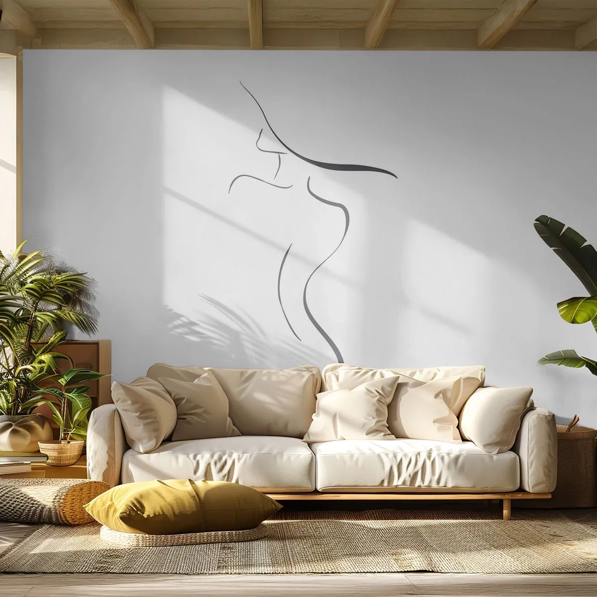 Fotomural Premium Sand - Silueta minimalista de una mujer hecha de líneas negras. - 100x70cm - Escurridiza como una ola - Decoración de pared moderna para salón y dormitorio ARTTOR
