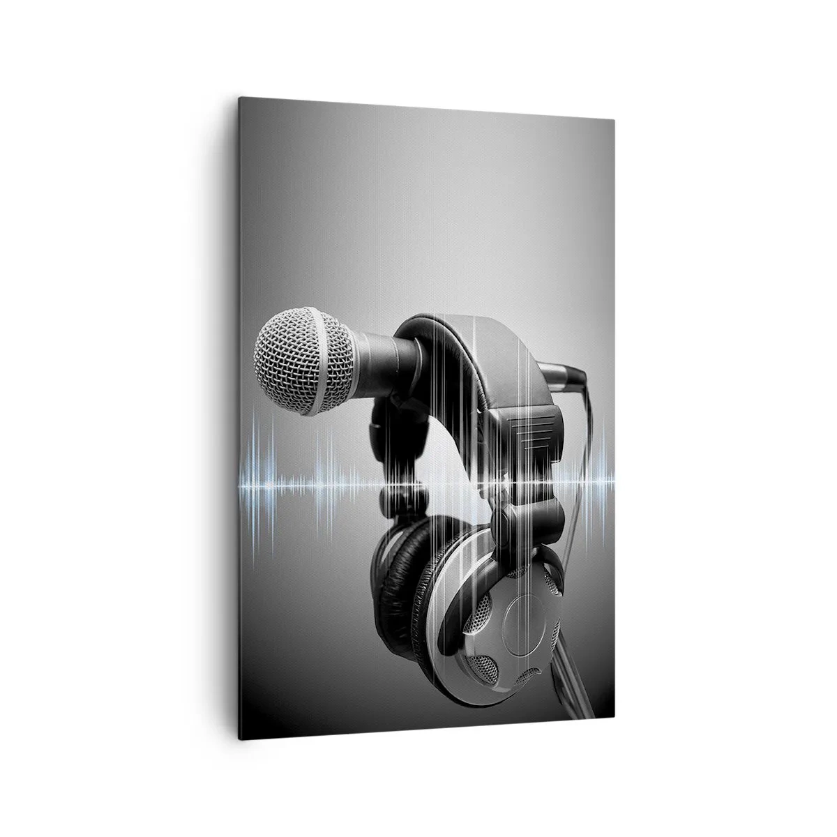 Cuadro sobre lienzo - Impresión de Imagen - Micrófono y auriculares con visualización de ondas sonoras de fondo. - 80x120cm - Todavía se puede escuchar el canto - Decoración de pared moderna para salón y dormitorio ARTTOR