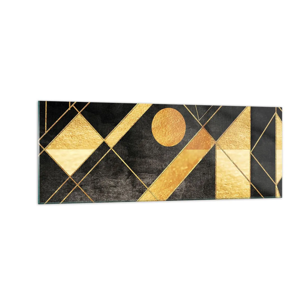 Cuadro sobre vidrio - Impresiones sobre Vidrio - Formas geométricas en tonos dorados y negros. - 140x50cm - Sol del desierto - Decoración de pared moderna para salón y dormitorio ARTTOR