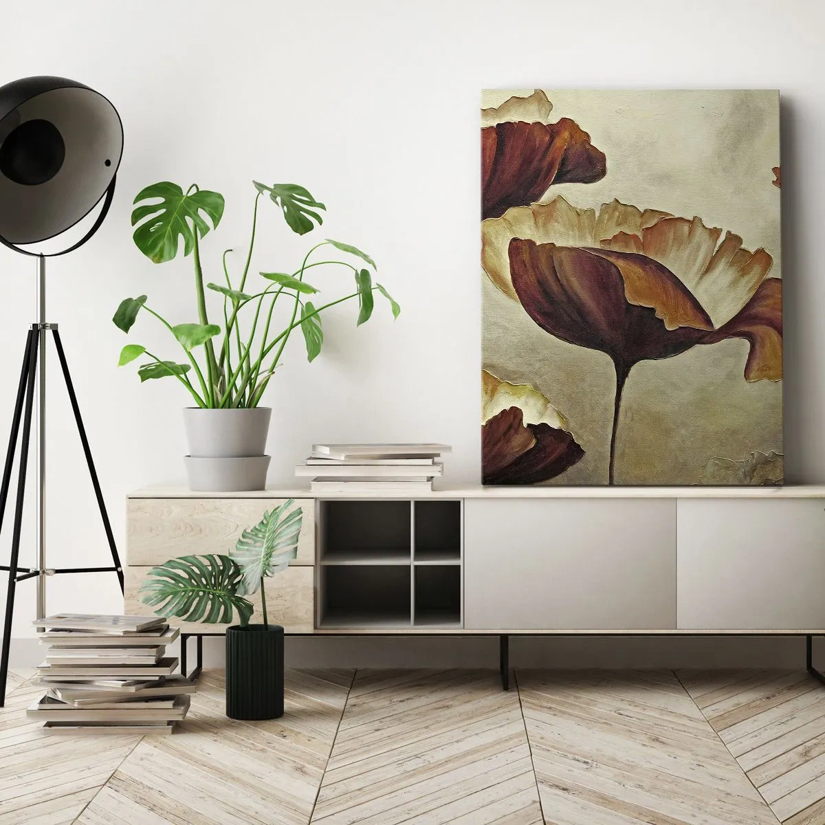 Cuadro sobre lienzo - Impresión de Imagen - Flores sutiles en tonos rojos y dorados sobre un fondo claro. - 80x120cm - Prado de prados - Decoración de pared moderna para salón y dormitorio ARTTOR