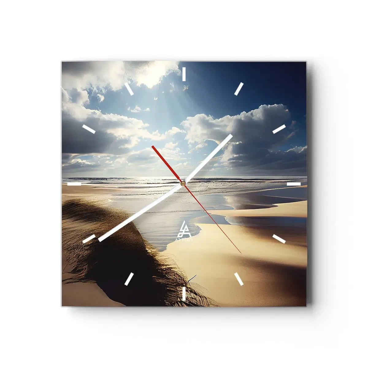 Reloj de pared - Reloj de vidrio - Una playa salvaje con dunas y cielos azules. - 30x30cm - Playa, playa salvaje - Decoración de pared moderna para salón y dormitorio ARTTOR