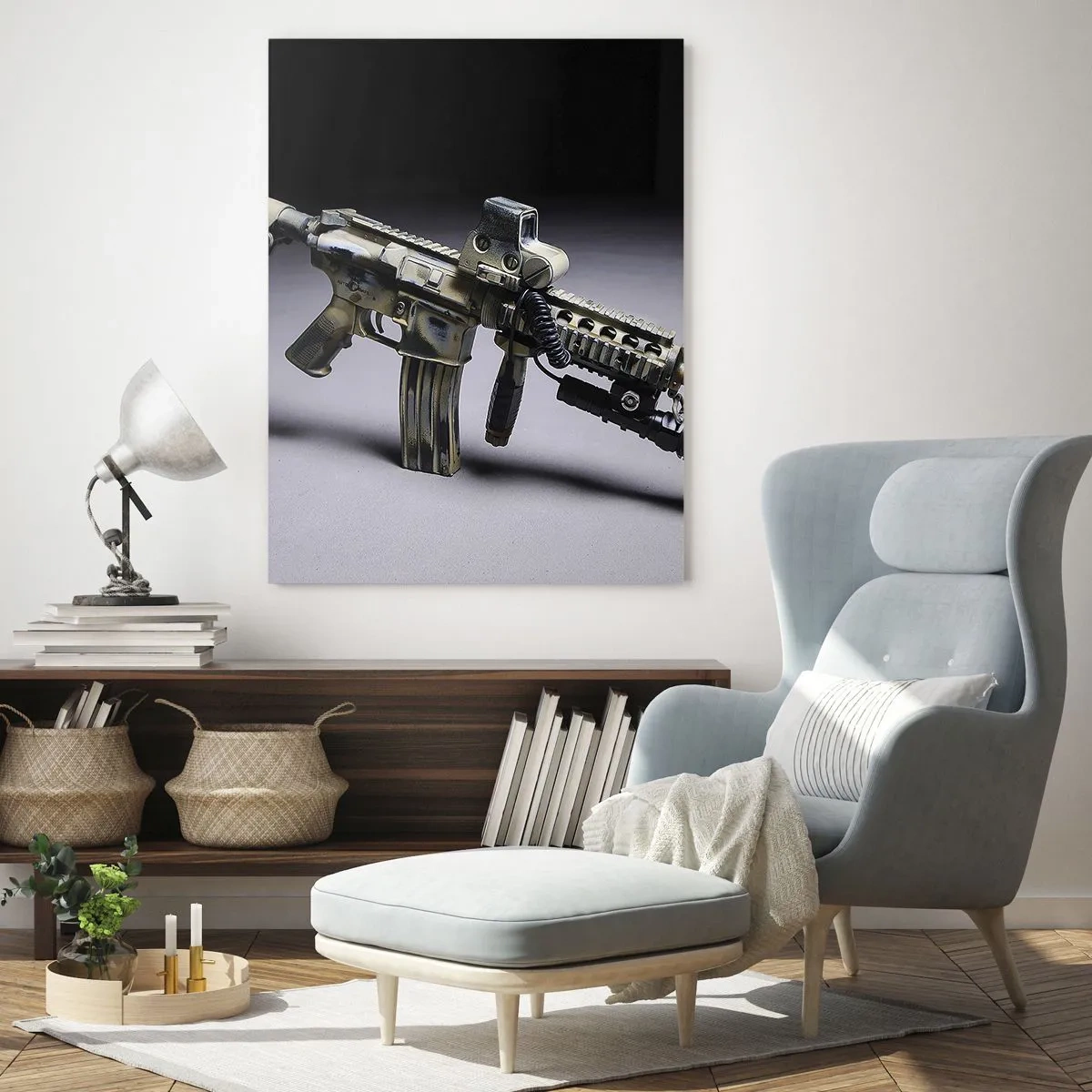 Cuadro sobre vidrio - Impresiones sobre Vidrio - Un rifle moderno sobre un fondo oscuro con acento industrial. - 50x70cm - Siempre amenazante - Decoración de pared moderna para salón y dormitorio ARTTOR