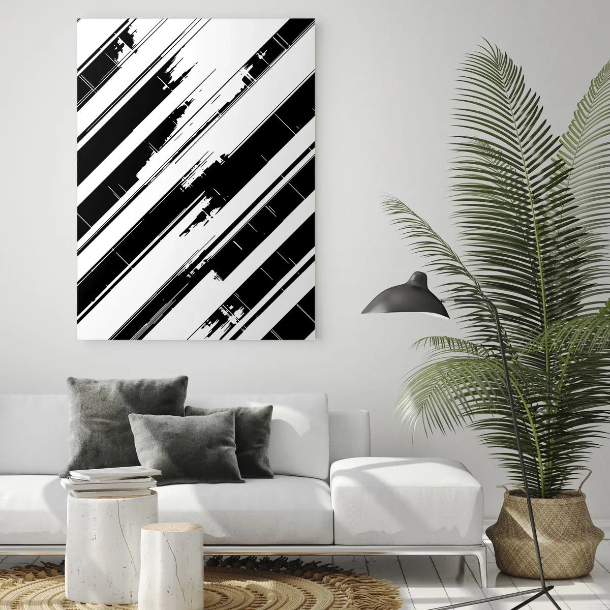 Cuadro sobre vidrio - Impresiones sobre Vidrio - Líneas blancas y negras y patrones geométricos en un estilo moderno. - 80x120cm - Composición intensa y dinámica - Decoración de pared moderna para salón y dormitorio ARTTOR
