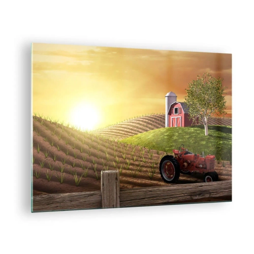 Cuadro sobre vidrio - Impresiones sobre Vidrio - Puesta de sol sobre una granja con un campo y un tractor - 70x50cm - Una granja como un cuento de hadas - Decoración de pared moderna para salón y dormitorio ARTTOR