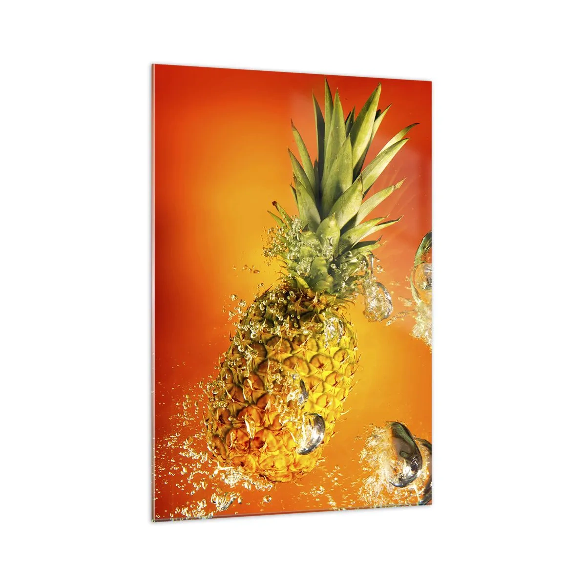 Cuadro sobre vidrio - Impresiones sobre Vidrio - Una piña sumergida en agua sobre un fondo degradado naranja. - 70x100cm - Jugosa frescura tropical - Decoración de pared moderna para salón y dormitorio ARTTOR