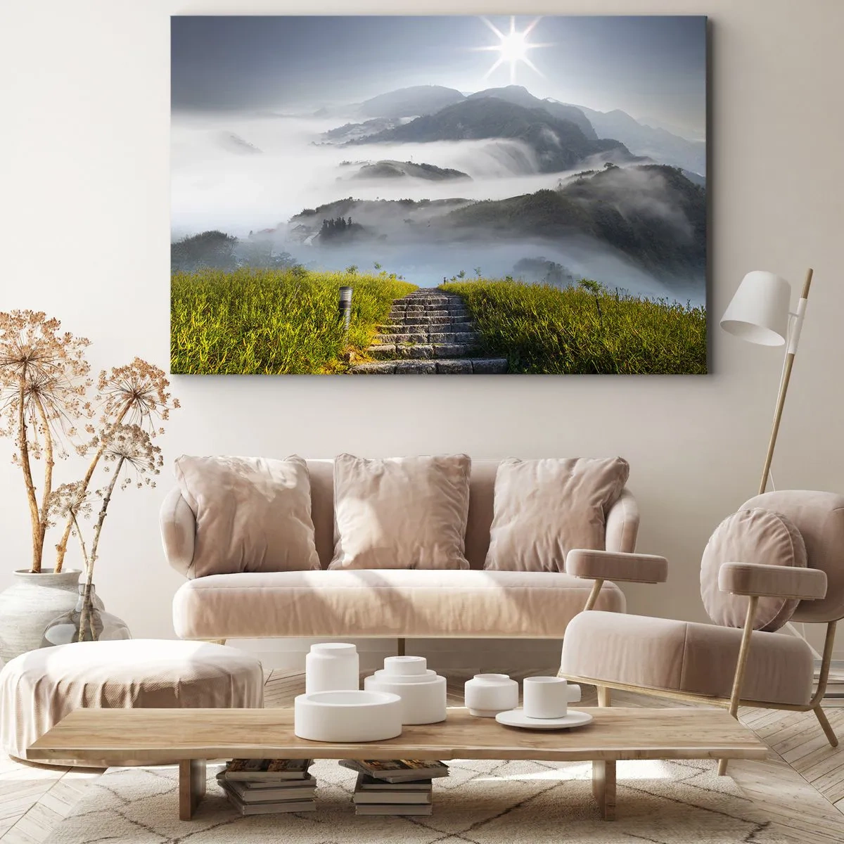 Cuadro sobre lienzo - Impresión de Imagen - Escaleras de piedra que suben a través de las montañas envueltas en la niebla matutina. - 120x80cm - Todavía en las nubes - Decoración de pared moderna para salón y dormitorio ARTTOR