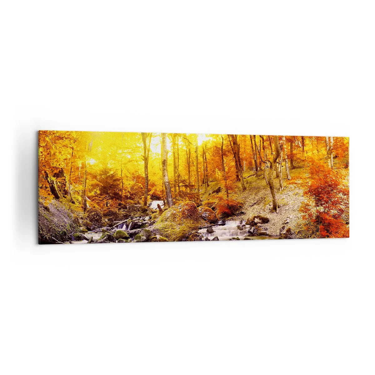Cuadro sobre lienzo - Impresión de Imagen - Bosque otoñal con un arroyo entre hojas doradas - 160x50cm - Piedras bañadas en oro y platino - Decoración de pared moderna para salón y dormitorio ARTTOR