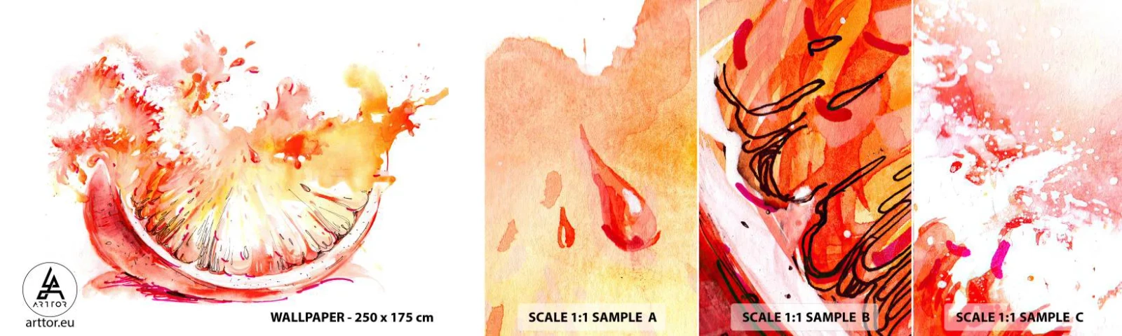 Muestra de fotomural autoadhesivo Deluxe Sticker - Jugoso refresco - Abstracción, Naranja, Gráficos - 100x30 cm