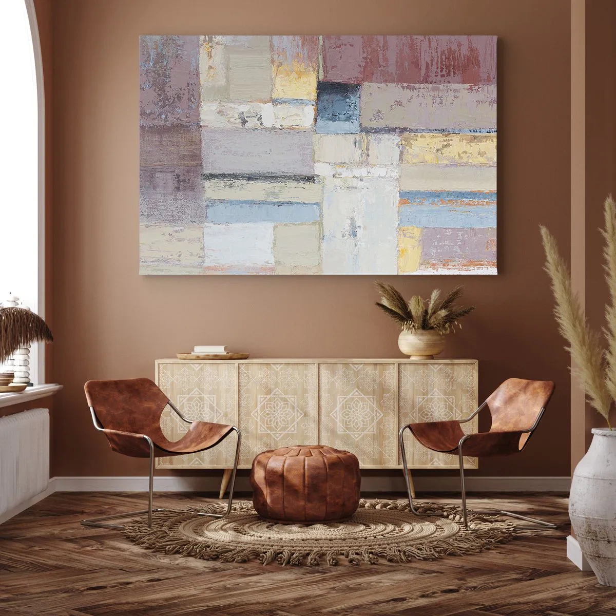 Cuadro sobre lienzo - Impresión de Imagen - Composición geométrica en colores pastel - 70x50cm - La tranquilidad de la geometría - Decoración de pared moderna para salón y dormitorio ARTTOR