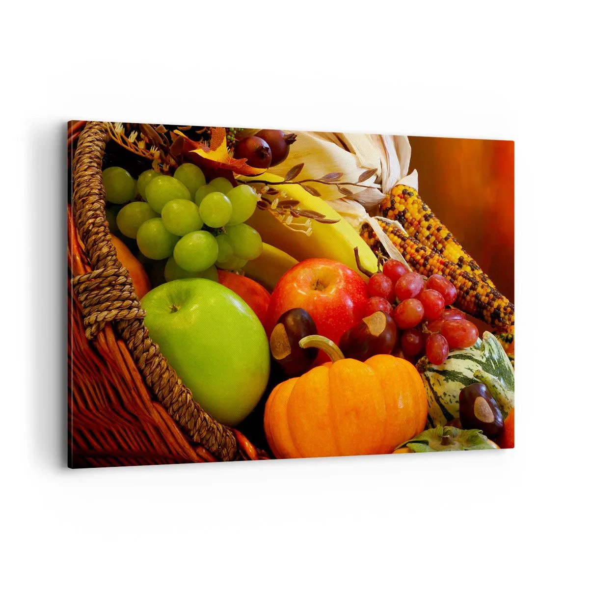 Cuadro sobre lienzo - Impresión de Imagen - Una cesta de frutas, calabazas y maíz sobre un fondo de colores otoñales. - 120x80cm - Cesta de la cosecha - Decoración de pared moderna para salón y dormitorio ARTTOR