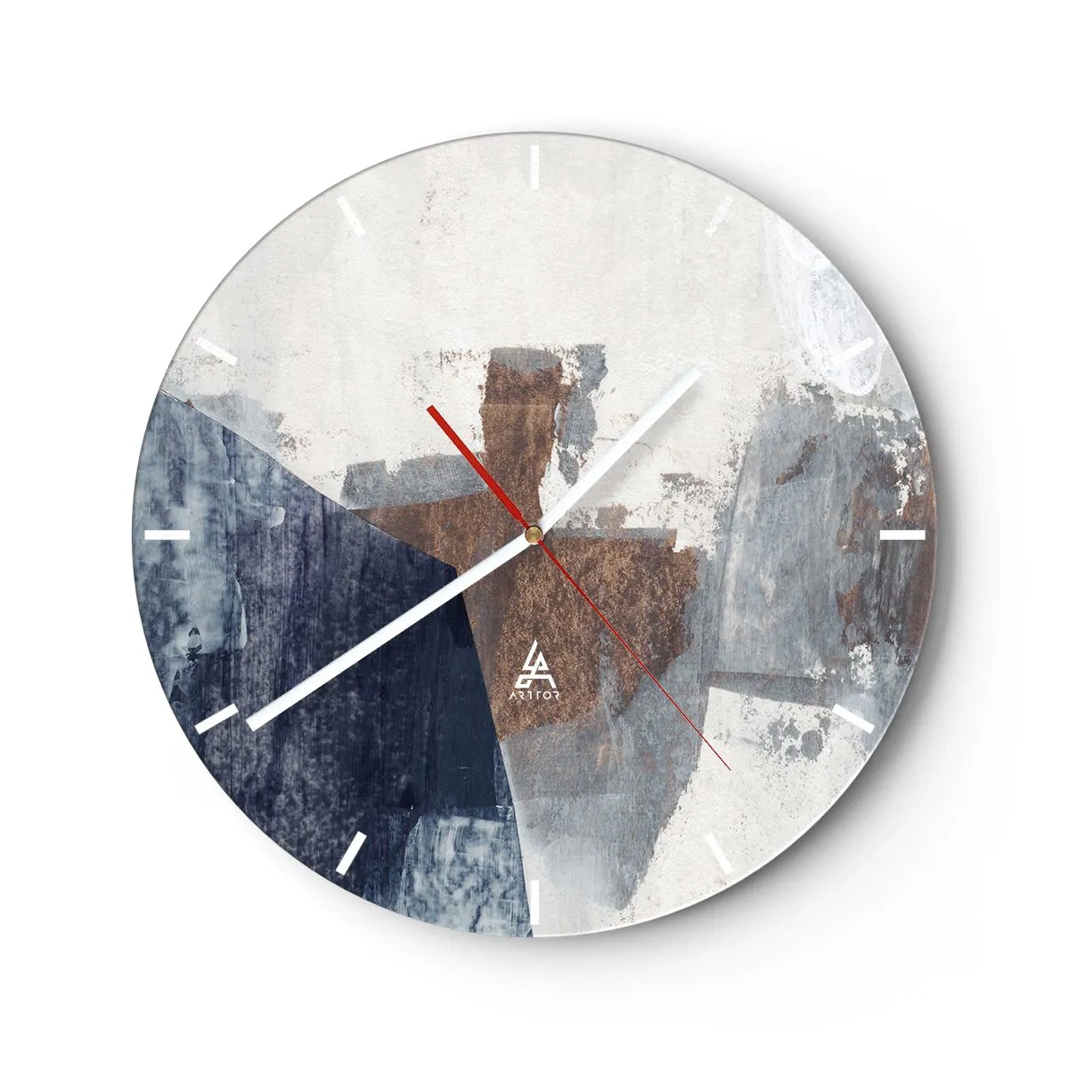Reloj de pared - Reloj de vidrio - Una composición abstracta en tonos marrones y azul marino. - 30x30cm - Formas azules y marrones - Decoración de pared moderna para salón, cocina y dormitorio ARTTOR