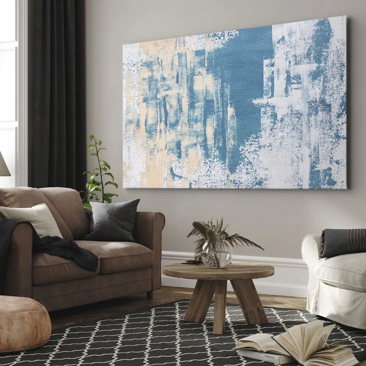 Cuadro sobre lienzo - Impresión de Imagen - Composición abstracta en tonos azules y blancos. - 100x70cm - A través de un carámbano - Decoración de pared moderna para salón y dormitorio ARTTOR