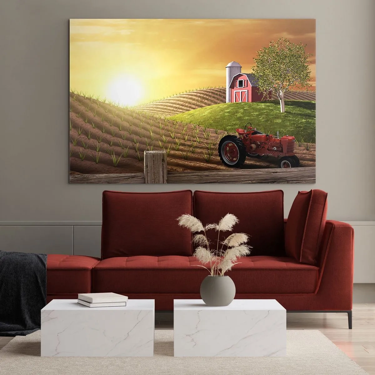 Cuadro sobre vidrio - Impresiones sobre Vidrio - Puesta de sol sobre una granja con un campo y un tractor - 120x80cm - Una granja como un cuento de hadas - Decoración de pared moderna para salón y dormitorio ARTTOR