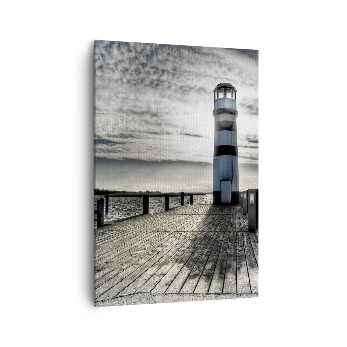 Cuadro sobre lienzo - Impresión de Imagen - Faro en un muelle de madera con vistas al mar. - 70x100cm - Marineros, aquí os espero - Decoración de pared moderna para salón y dormitorio ARTTOR