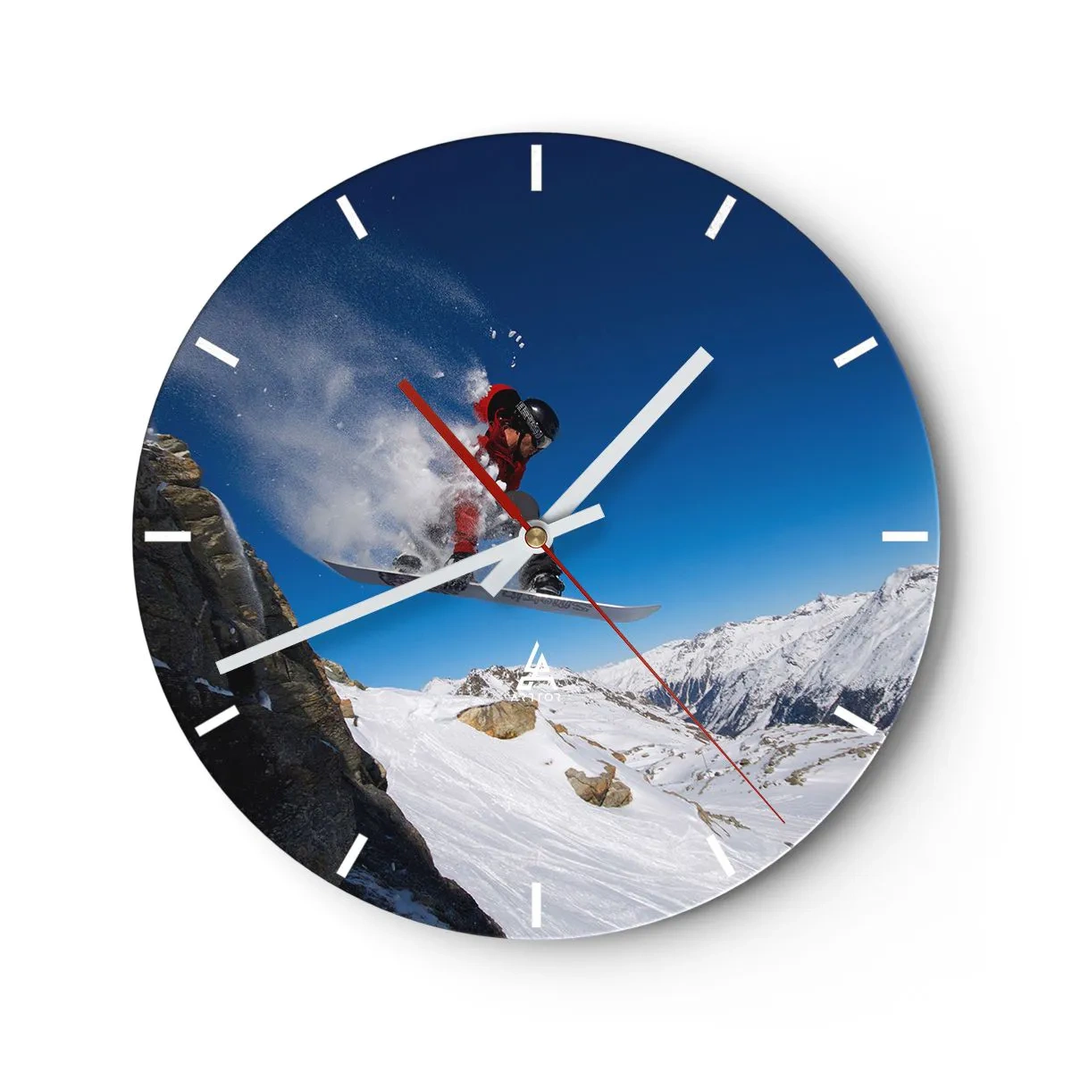 Reloj de pared - Reloj de vidrio - Un snowboarder realiza un salto frente a un paisaje montañoso. - 30x30cm - Y te convertiste en parte del lugar - Decoración de pared moderna para salón, cocina y dormitorio ARTTOR