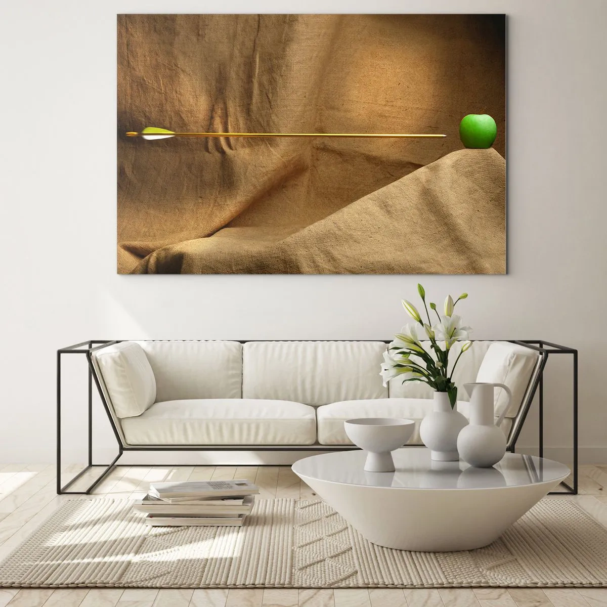 Cuadro sobre vidrio - Impresiones sobre Vidrio - Una manzana verde sobre un fondo beige con una flecha que la atraviesa. - 120x80cm - Evocar el espíritu de Wilhelm Tell - Decoración de pared moderna para salón y dormitorio ARTTOR