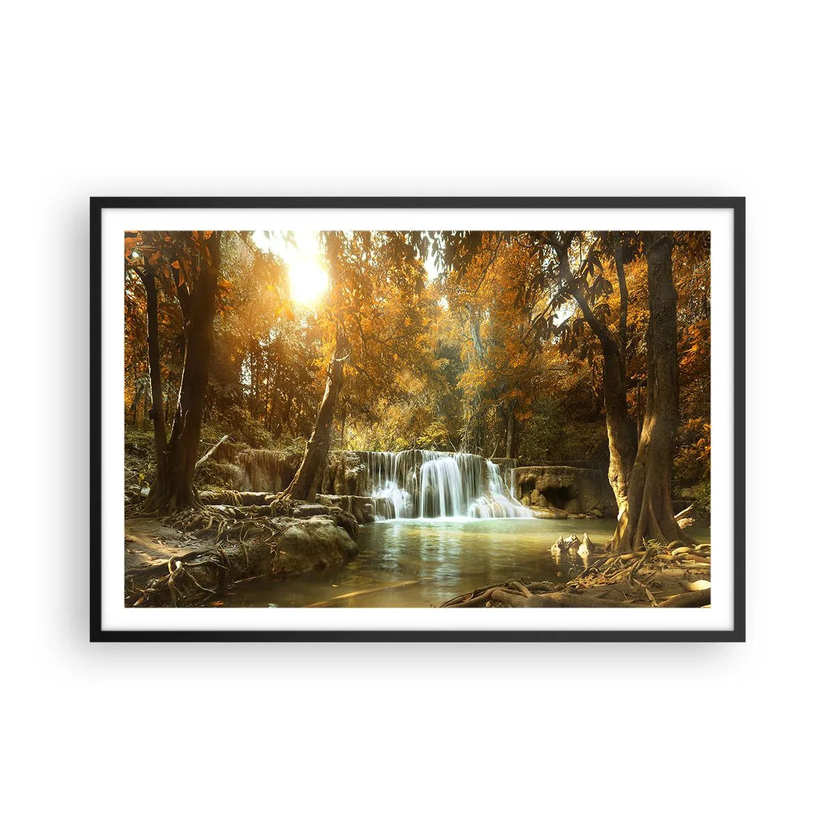Póster en marco negro - Una cascada en el parque - 91x61 cm