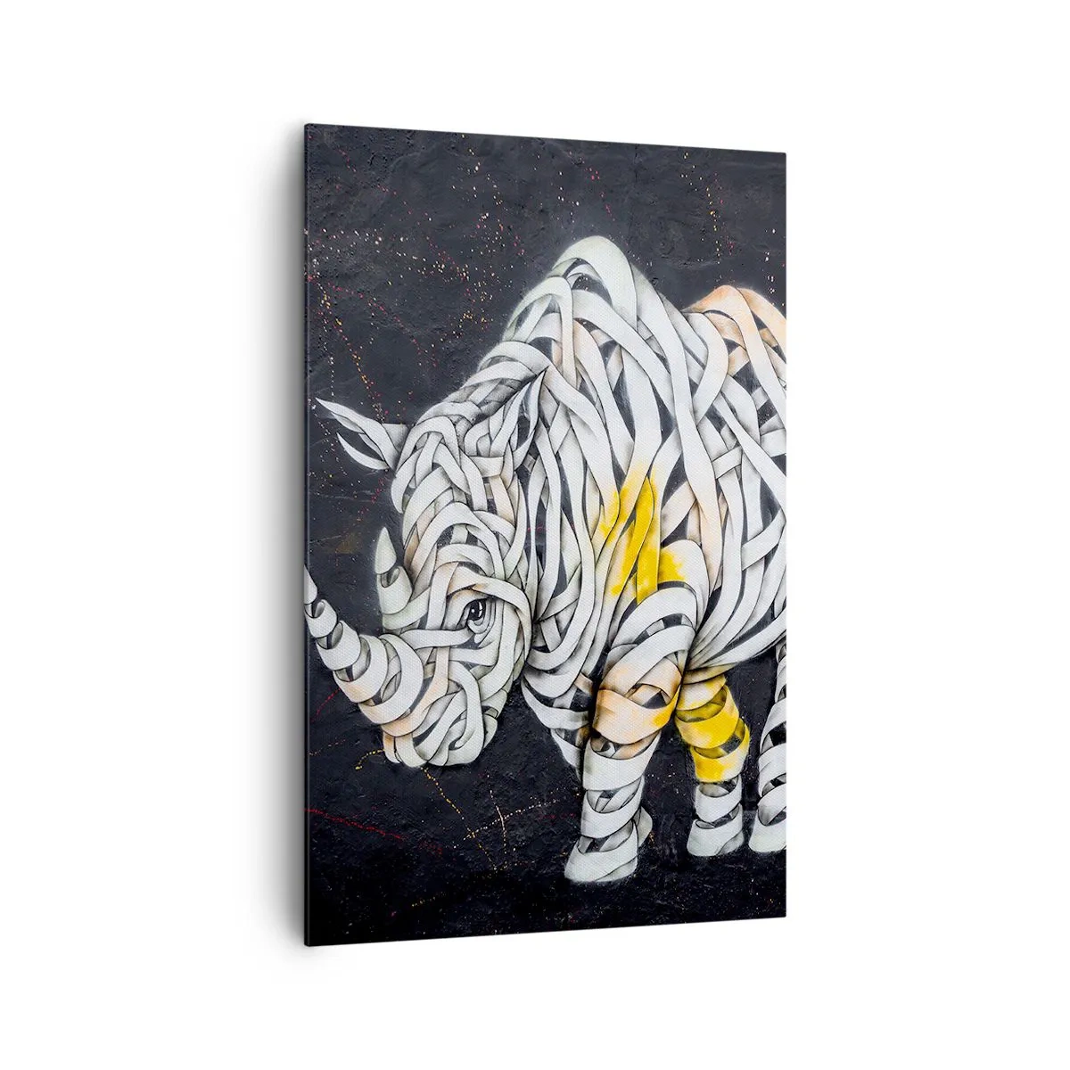 Cuadro sobre lienzo - Impresión de Imagen - Un rinoceronte tallado con rayas abstractas sobre un fondo oscuro. - 80x120cm - El mito de la momia rinoceronte - Decoración de pared moderna para salón y dormitorio ARTTOR