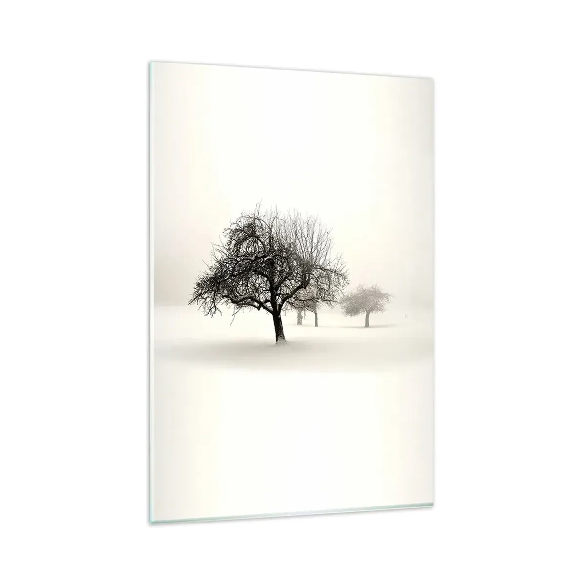 Cuadro sobre vidrio - Impresiones sobre Vidrio - Árboles en un campo cubierto de nieve rodeado de niebla. - 80x120cm - Sueño de invierno - Decoración de pared moderna para salón y dormitorio ARTTOR