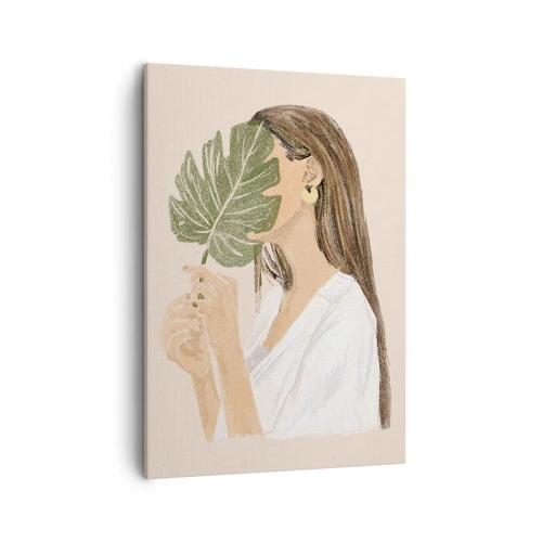 Cuadro sobre lienzo - Impresión de Imagen - Retrato de una mujer con una hoja de monstera sobre un fondo beige. - 50x70cm - Retrato misterioso con un abanico - Decoración de pared moderna para salón y dormitorio ARTTOR
