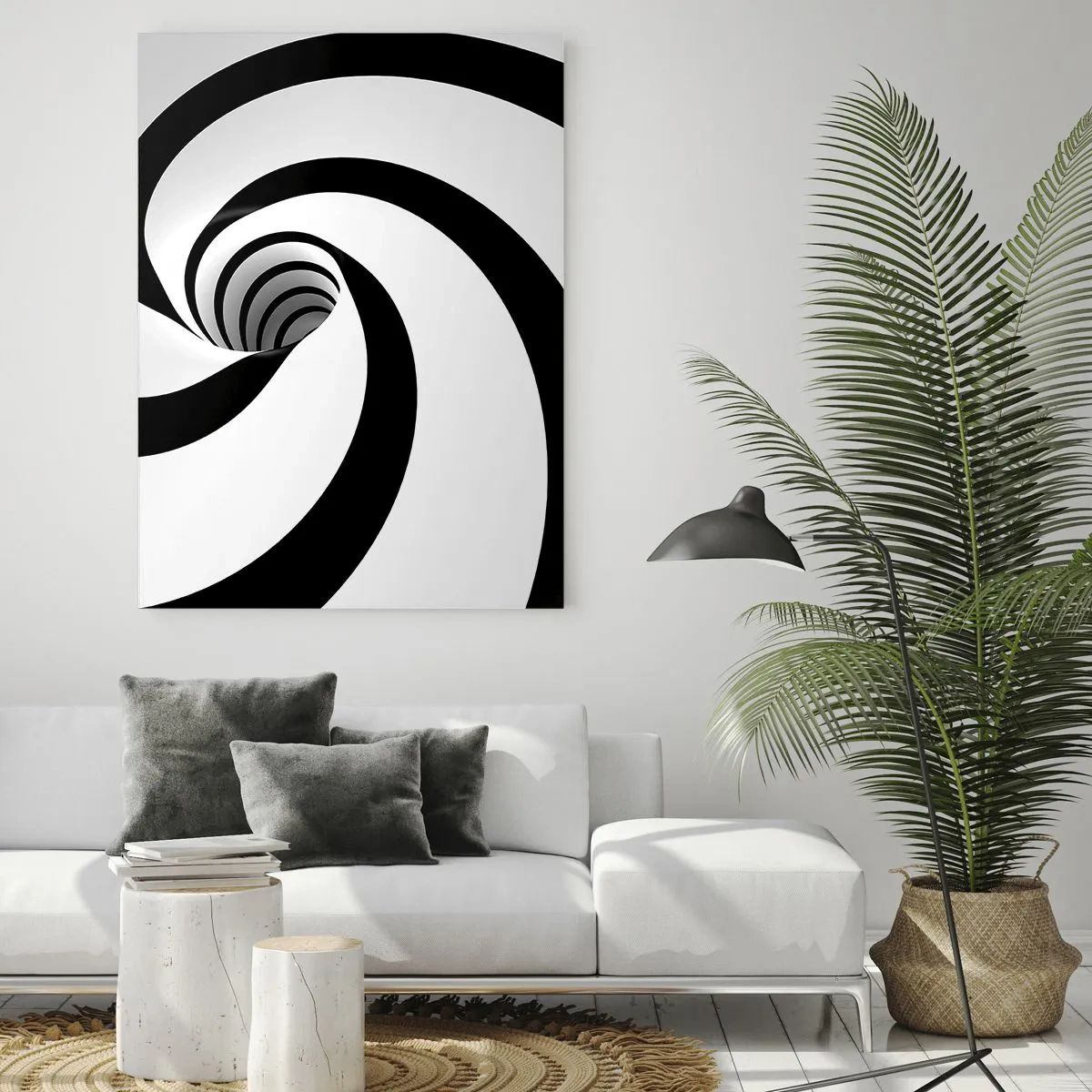Cuadro sobre vidrio - Impresiones sobre Vidrio - Patrón espiral hipnótico en blanco y negro - 50x70cm - ¿Ceder al torbellino? - Decoración de pared moderna para salón y dormitorio ARTTOR